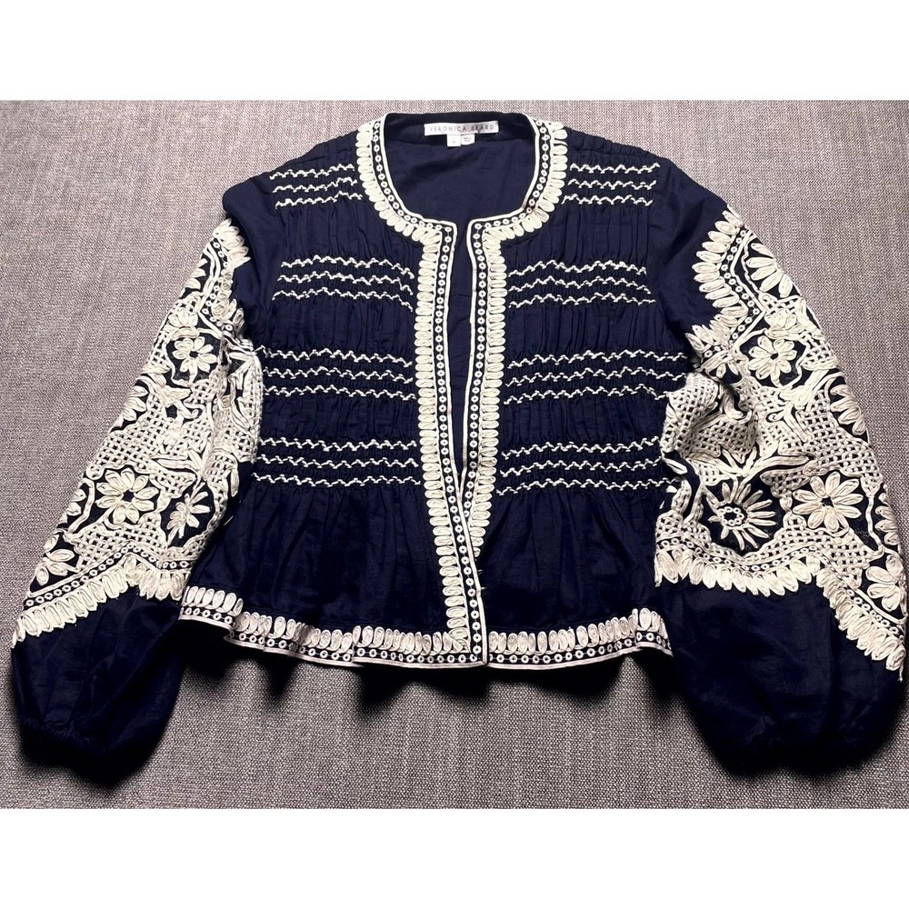 Veronica Beard Dorian Cropped Jacket Womens M Blue Floral Embroidery Smocked